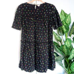 Crewcuts Girl's Black Floral Short Sleeve Tiered Swiss Dot Ruffle Swing Dress 12